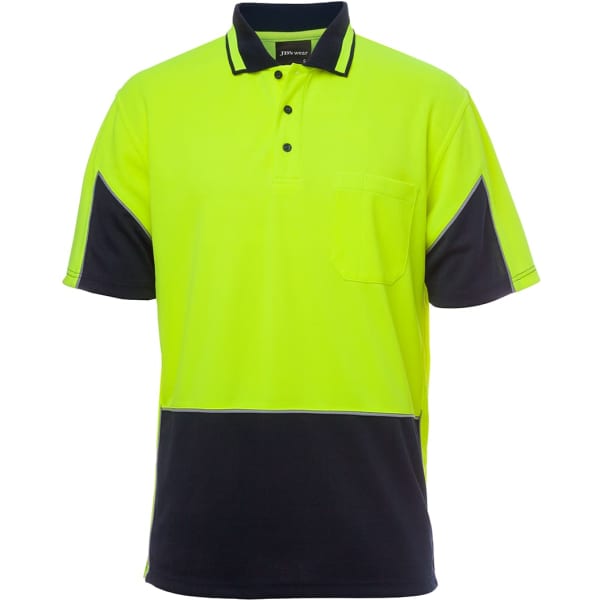 A bright yellow and navy polo shirt featuring a pocket and collar, with a logo present.