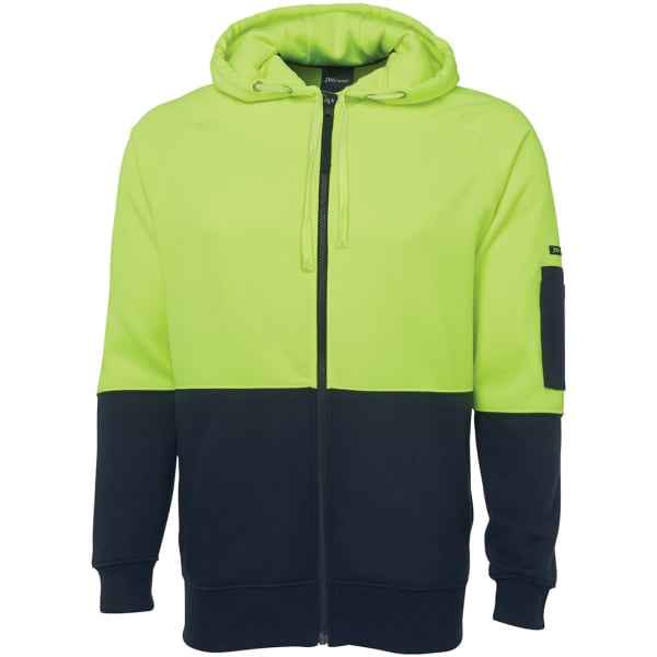 A full zip fleece hoodie in hi-vis lime green and navy blue, featuring a logo on one sleeve.