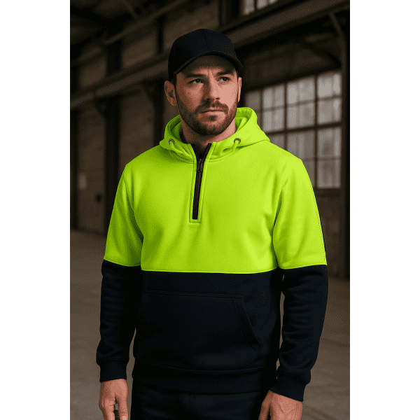 A fleecy hoodie featuring a high-visibility yellow upper and a navy blue lower section, complete with a zip collar and logo.