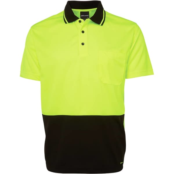 A polo shirt in fluorescent yellow with a black lower section and a chest pocket. It features contrast trims and a logo.