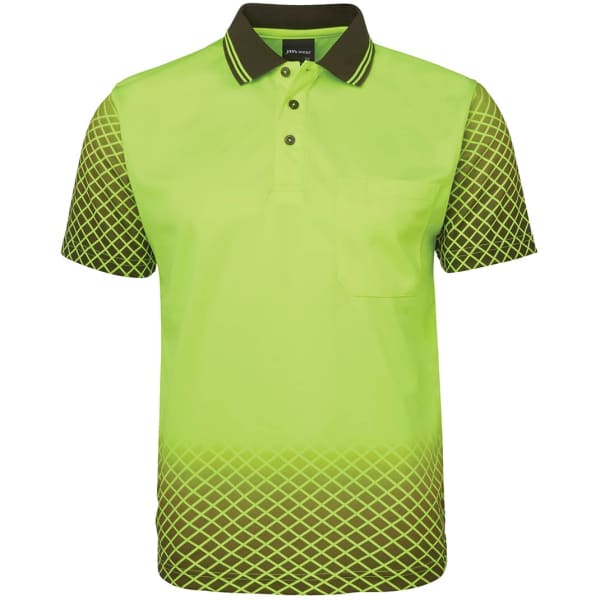 A net sub polo shirt in bright green with a dark green collar and geometric pattern at the bottom. It features a pocket and branding.