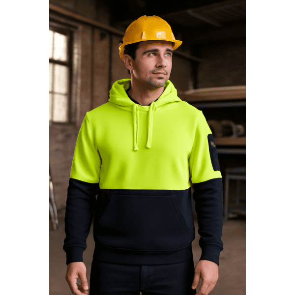 A high-visibility hoodie in bright yellow and navy, featuring a hood and a logo on the sleeve.