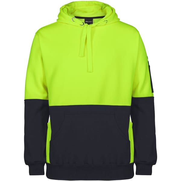 A bright yellow and navy pullover hoodie with a front pocket and hood, featuring a logo on the sleeve.