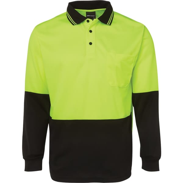 A long-sleeve polo in high-visibility yellow and black, featuring a collar and a front pocket, with a logo.