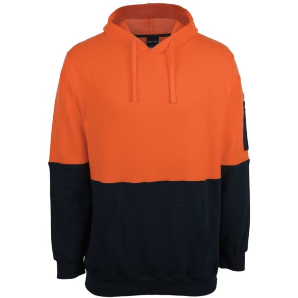 An orange and navy cotton pullover fleece hoodie with a hood and a front pocket. It features a logo.
