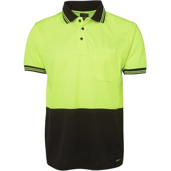 A polo shirt in high visibility yellow and black, featuring a collar, buttons, and a chest pocket. It has a branding logo.