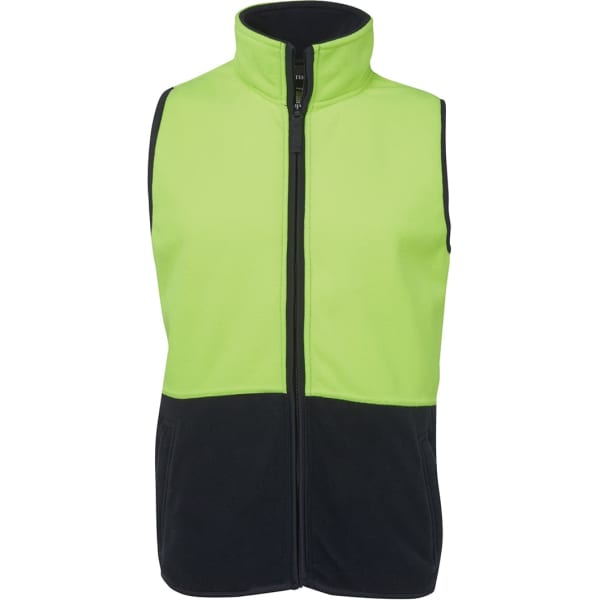 A fleece vest in high-visibility lime green and navy, featuring a full-length zipper and side pockets.