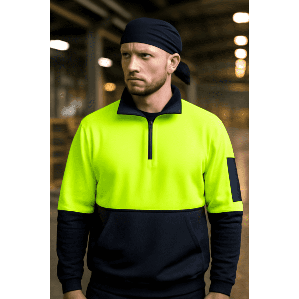 High-visibility fleece in fluorescent yellow and navy, featuring a half-zip design and a branding logo on the sleeve.