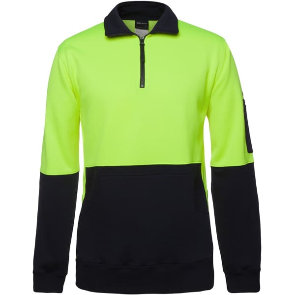 A fluorescent yellow and black fleece jumper featuring a half zip design and a pocket on the sleeve.