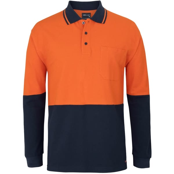 An orange and navy long-sleeve cotton polo shirt with a pocket and contrasting sleeves. Features a logo.