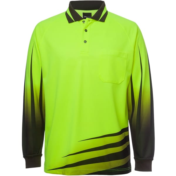 A long-sleeve polo shirt in high visibility yellow, featuring black gradient detailing and a chest pocket. Includes a logo.