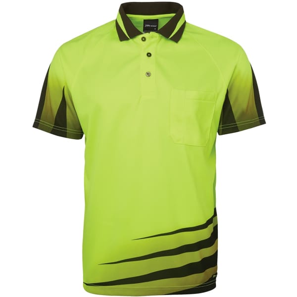 A vibrant lime green polo shirt with dark accents and a pocket, featuring a logo on the collar.