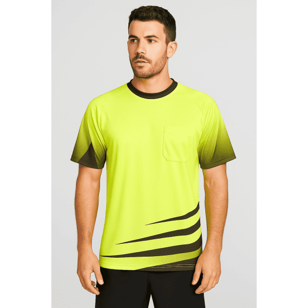 A bright yellow short-sleeve tee with dark green accents and a pocket, featuring a sleek design and branding.