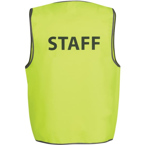 A high-visibility safety vest in lime green with a logo and the word 