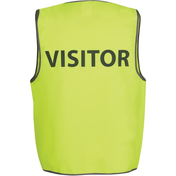A high-visibility safety vest in fluorescent yellow, featuring a large 
