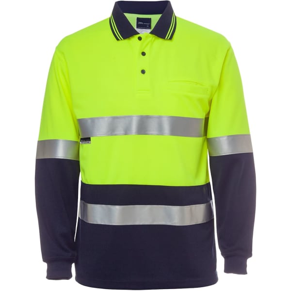 A long-sleeve polo in high-visibility yellow with navy blue accents and reflective stripes. It features a branding logo.