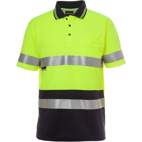 A high-visibility polo shirt featuring fluorescent yellow with black stripes and reflective bands. It has a pocket and a logo.
