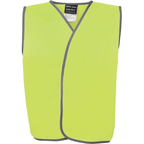 A reflective safety vest in bright yellow with grey trim and a logo, designed for kids' safety.