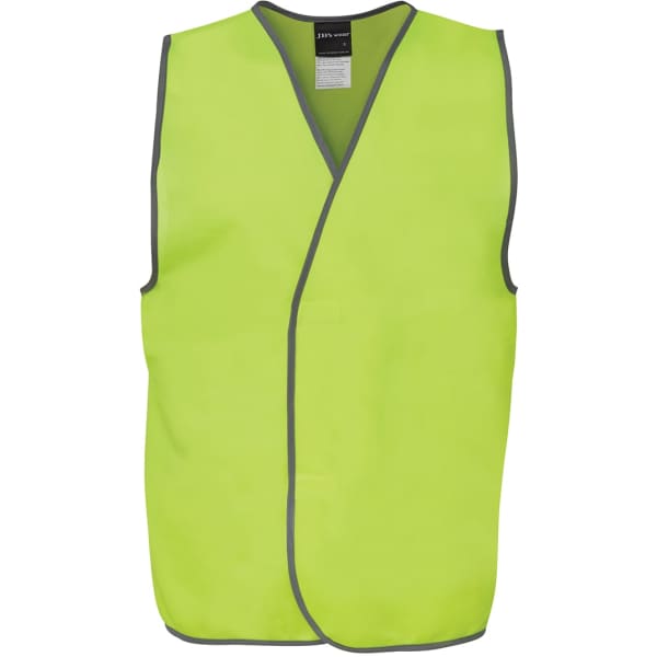 A high visibility safety vest in bright yellow with grey trim and a simple, sleeveless design.