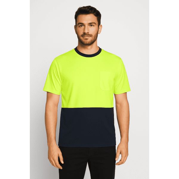 A bright yellow and navy T-shirt featuring a pocket and a logo. Suitable for high visibility.