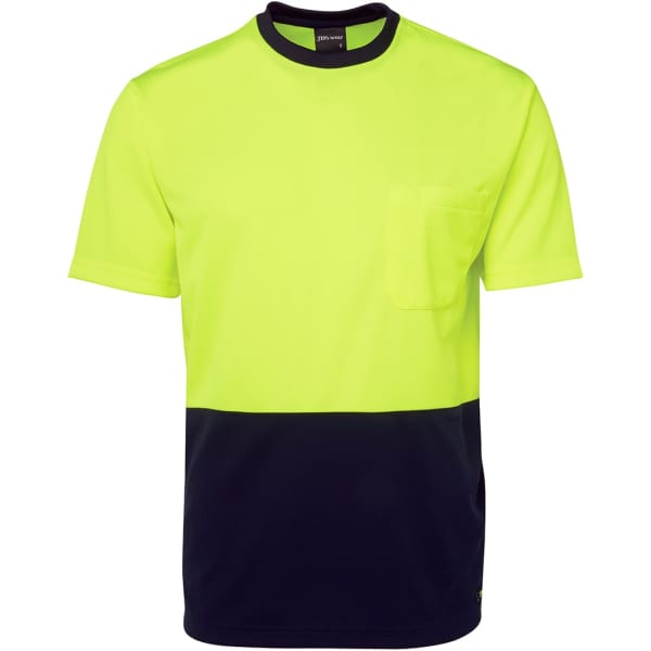 A high-visibility work t-shirt in bright yellow with a navy blue lower section and a pocket. It features a logo.