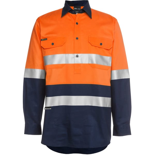 An orange and navy long-sleeved shirt featuring reflective stripes and two front pockets. It has a logo on the fabric.