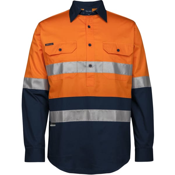 A long-sleeve work shirt featuring orange and navy blue colours with reflective stripes and a logo.