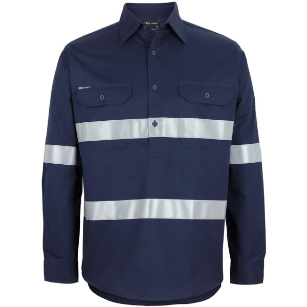 A navy long-sleeve shirt featuring reflective tape and front pockets. The shirt has a collar and buttons.