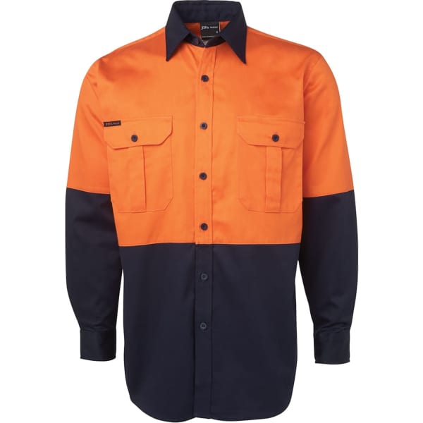 A long-sleeve shirt in orange and navy with two chest pockets and a logo on the front.