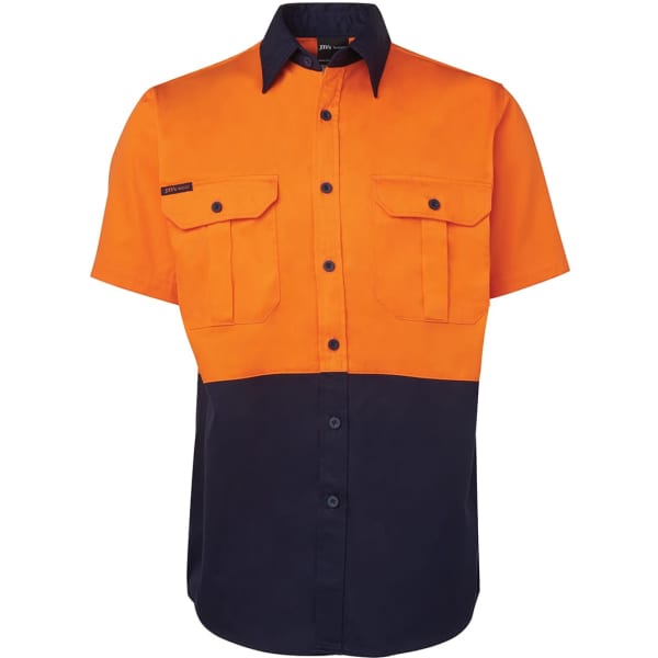 A short-sleeved shirt featuring orange and navy panels, two chest pockets, and a logo.