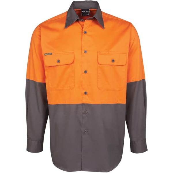 An orange and grey long-sleeve shirt with two front pockets and a logo.