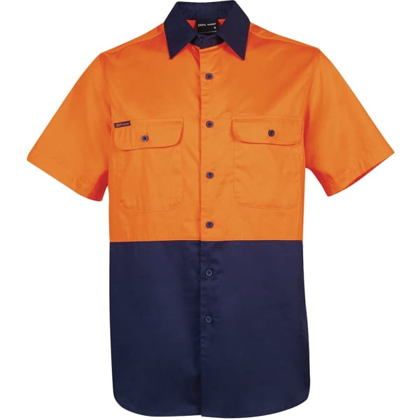 An orange and navy short-sleeve shirt with two chest pockets and a branded logo.