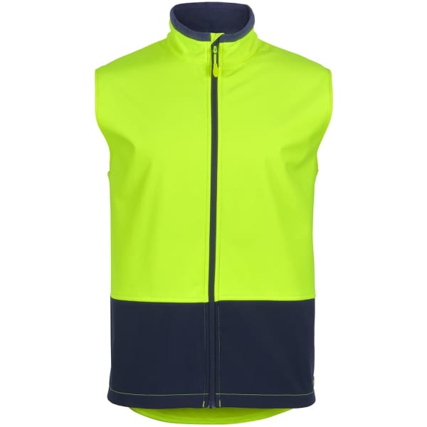 A three-layer softshell vest in lime green and navy, featuring a zip front and a high collar, with a logo on it.