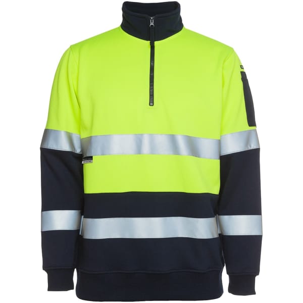 A high-visibility fleece sweatshirt in bright yellow and navy, featuring reflective stripes and a zip neck.