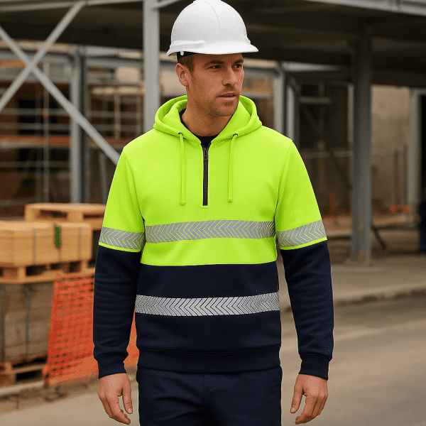A segmented tape hoodie in bright yellow and navy blue, featuring reflective stripes and a zip collar.