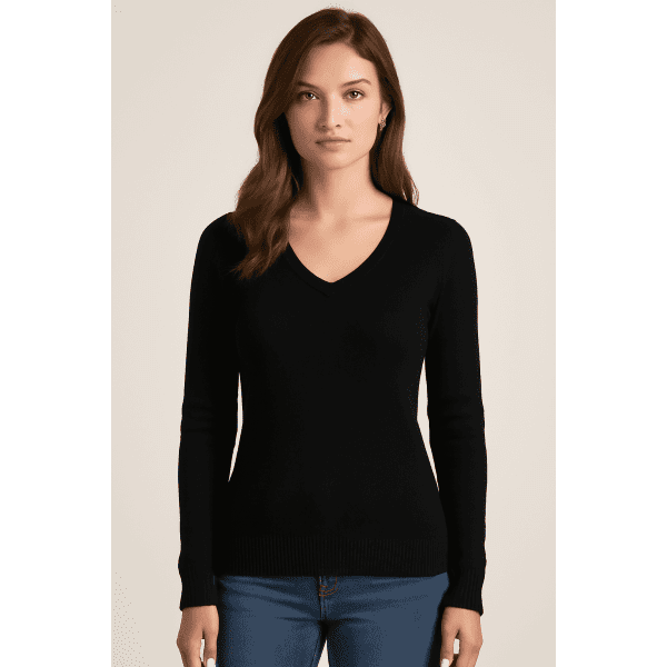 A black knitted jumper with a V-neck and long sleeves, featuring a fitted silhouette. It has a logo on the garment.