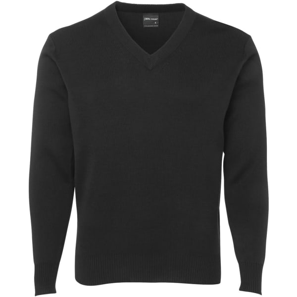 A black V-neck jumper with long sleeves and ribbed cuffs, featuring a discreet logo on the label.