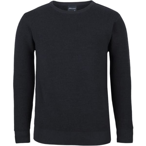A black chunky crew neck jumper with long sleeves and ribbed texture, featuring a branding logo.