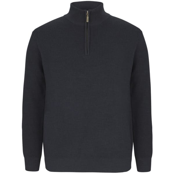 A dark grey chunky 1/2 zip jumper with a textured design and a zip at the collar. It features a branding logo.