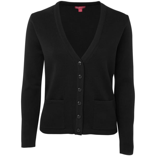 A black knitted cardigan with a v-neck, button front, and two front pockets. Features a logo on the label.