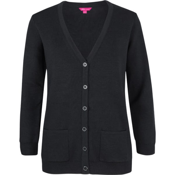 A black cardigan featuring a V-neck, long sleeves, button closures, and front pockets. It has a branding logo.