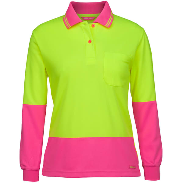 A long-sleeve polo in lime green with pink accents and a chest pocket. Features a collar and a logo.