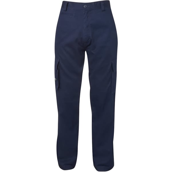 A pair of navy blue multi-pocket pants with a logo on one side.