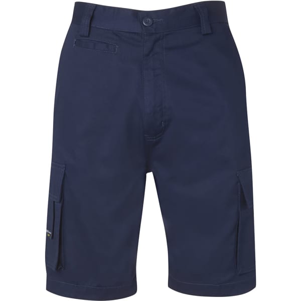 A pair of navy multi-pocket shorts with a button closure and side cargo pockets. The shorts have a logo on them.