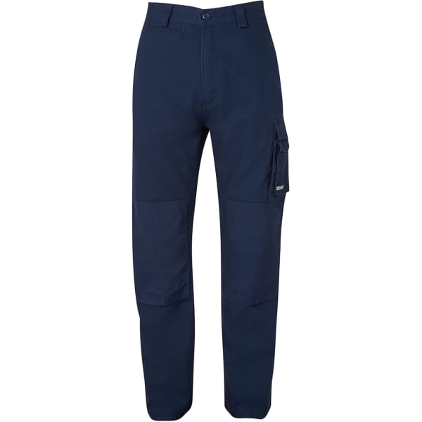 Navy cargo pants featuring multiple pockets and a branded logo. Suitable for various styles and purposes.