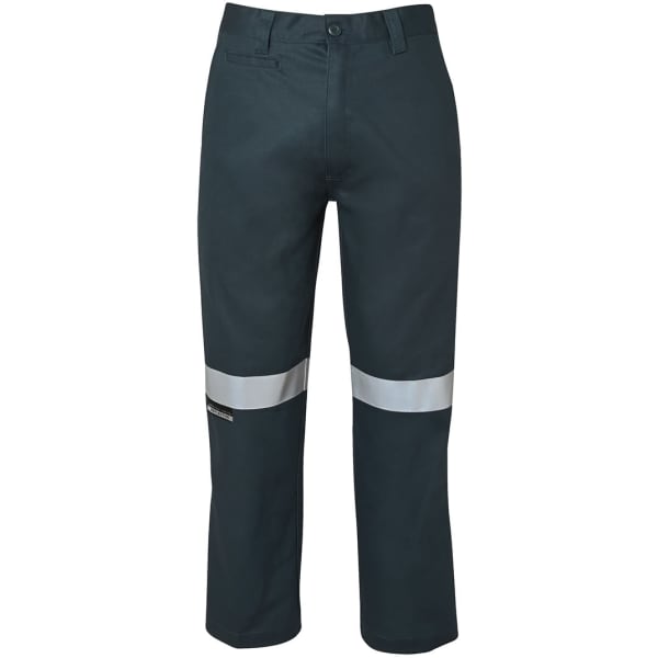 Work trousers in dark grey with reflective tape across the lower legs. The product features a logo on the side.