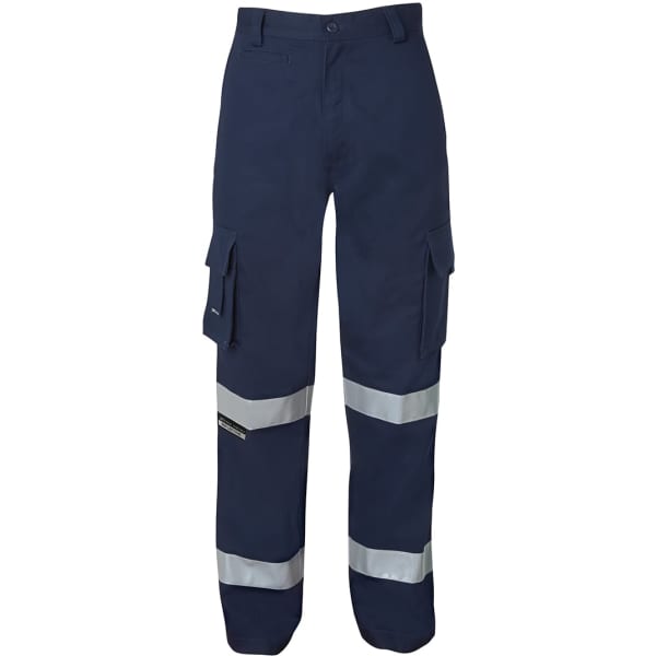 Multi-pocket navy pants featuring reflective tape, designed for visibility and functionality, with a logo present.