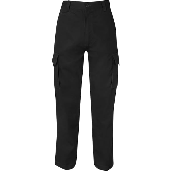 A pair of black cargo pants with side pockets and a straight-leg design. Features a waistband with belt loops and a logo.