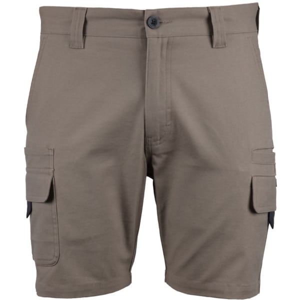 A pair of khaki multi-pocket stretch canvas shorts featuring button and zip fastenings. It has a logo present.