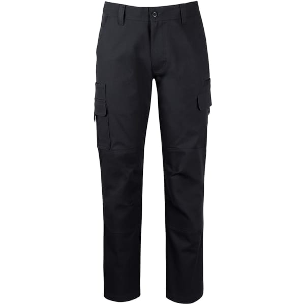 A pair of black stretch canvas pants featuring multiple pockets and a straight leg design.
